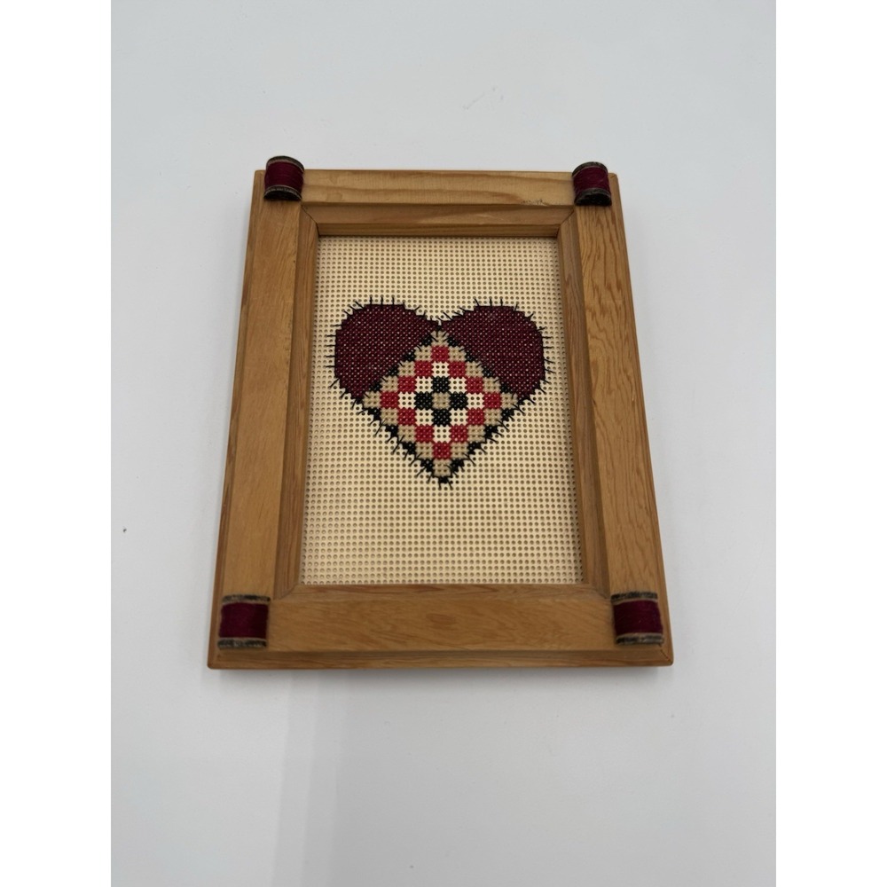 Vtg Framed Handmade Cross Stitch Patchwork Heart Design W/Wood Frame Cottagecore
